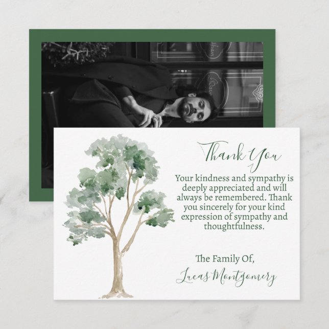 Tree Funeral Photo Thank You, Sympathy   Note Card (Front/Back)