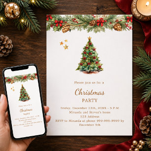 Tree garland red bows Christmas Party Invitation