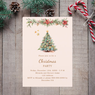 Tree garland red florals cream Christmas Party Invitation