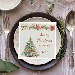 Tree garland red florals green Christmas Party Napkins