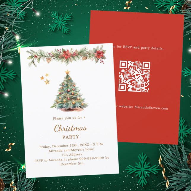 Tree garland red florals QR code Christmas Party Invitation (Creator Uploaded)