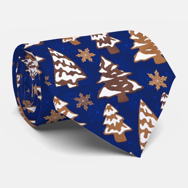 Tree Gingerbread Cookies Blue Christmas Neck Tie (Rolled)