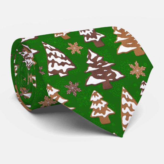 Tree Gingerbread Cookies Green Christmas Neck Tie (Rolled)