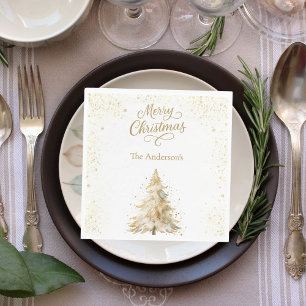 Tree gold white snow script Christmas luncheon Napkins