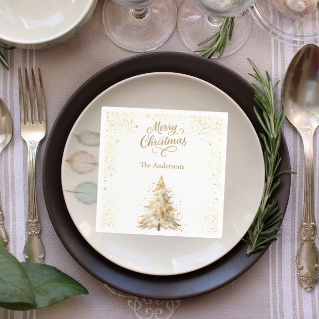 Tree gold white snow script Christmas  Napkins (Creator Uploaded)
