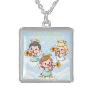 Tree Guardian Angels playing trumpets Sterling Silver Necklace