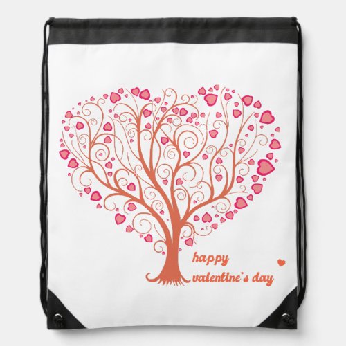 Tree Heart Happy Valentine Day Drawstring Bag