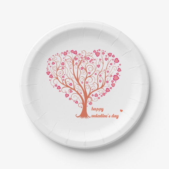 Tree Heart Happy Valentine Day Paper Plates (Front)