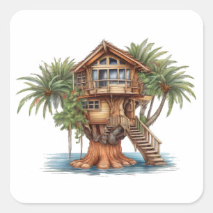 Tree house in palm tree  square sticker