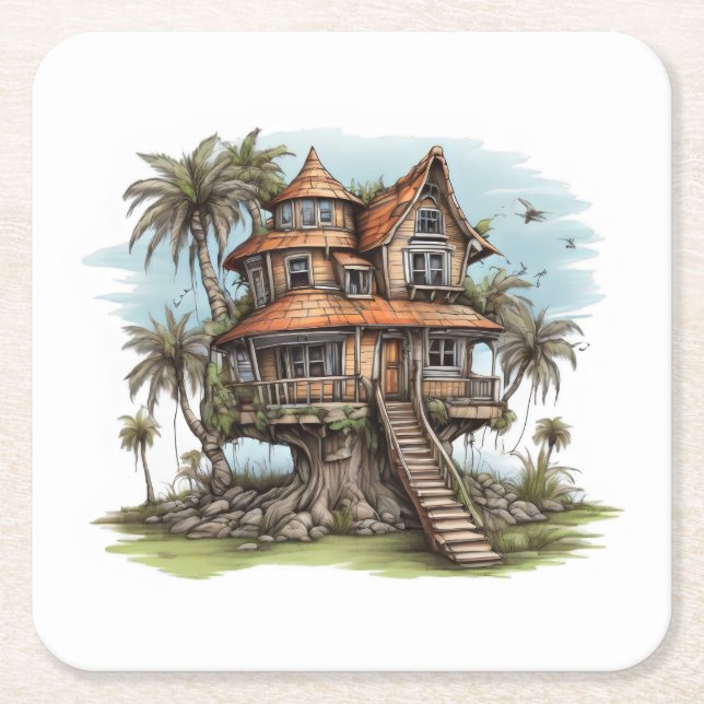 Tree house in sago palm tree square paper coaster (Front)