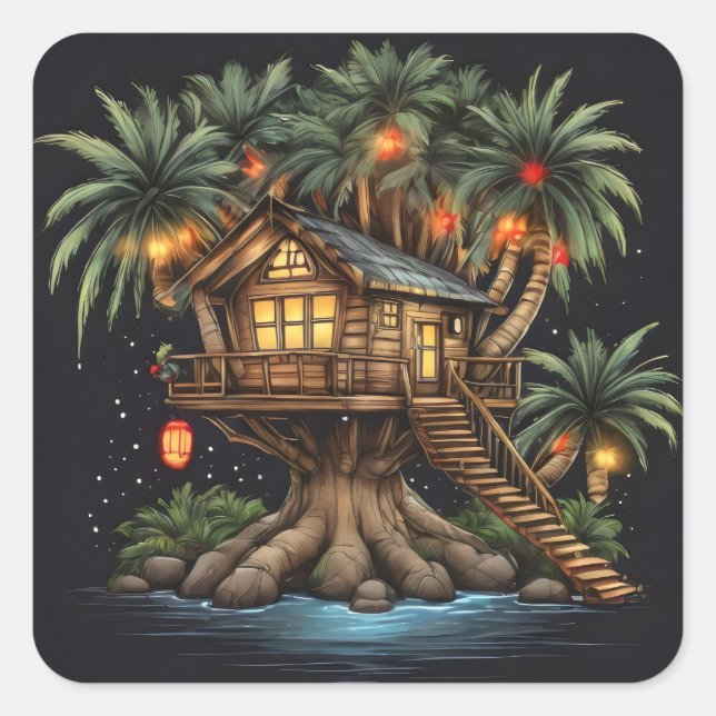 Tree house in sago palm tree with lights square sticker (Front)