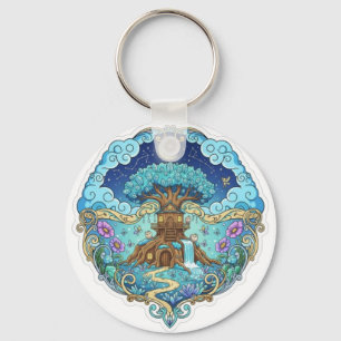 Tree House Under Moon Fantasy magical illustration Keychain