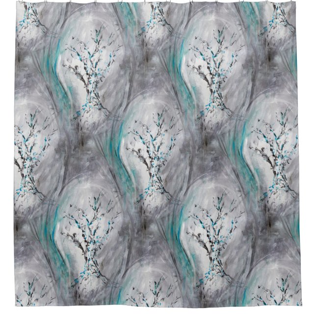 Tree Impression Aqua Teal Gray Shower Curtain (Front)