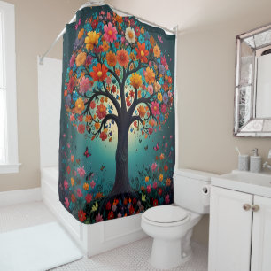 Tree in Bloom, colored Flowers & butterflies Shower Curtain