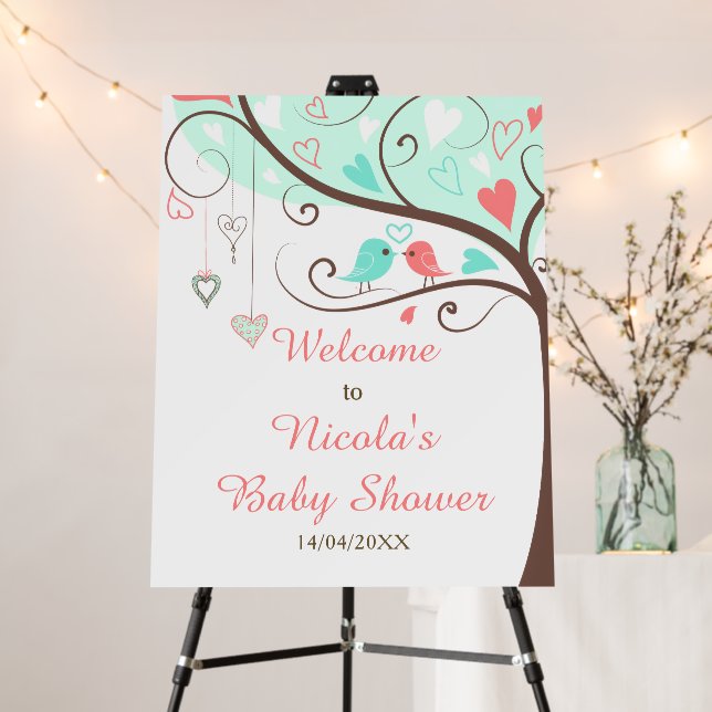 Tree in Mint and Coral Baby Shower Welcome Foam Board (In Situ (Stand))