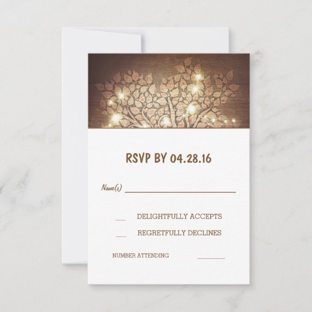 Tree Lights Rustic Wooden Wedding RSVP Cards (Front)