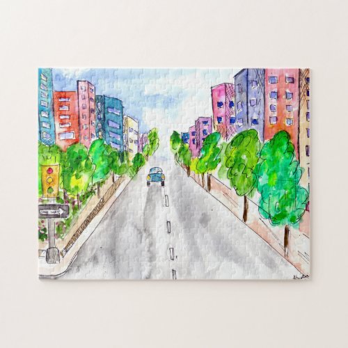 Tree Lined Street Watercolor Ink Illustration Art Jigsaw Puzzle