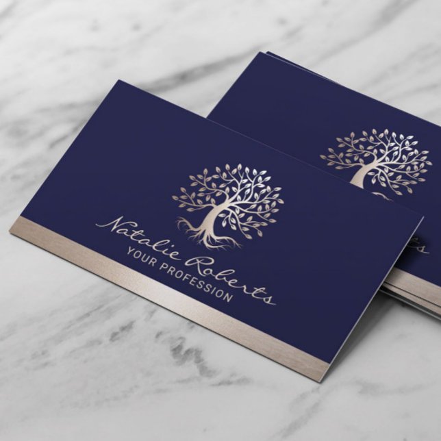 Tree Logo Elegant Navy Blue & Gold Border Business Card (Creator Uploaded)