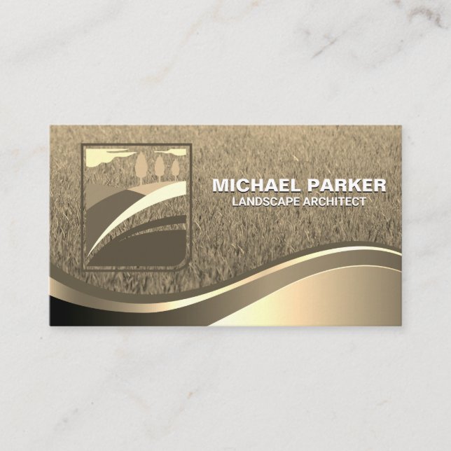 Tree Logo Landscape | Gold Metallic Wave Business Card (Front)