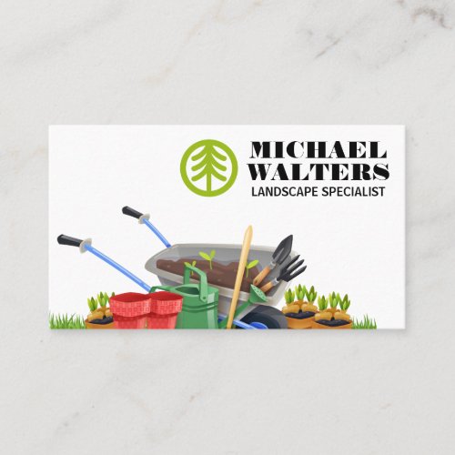 Tree Logo  Wheel Barrel Gardening Tools Business Card