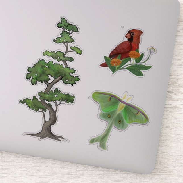 Tree, Luna Moth, and Cardinal Bird Nature Sticker (Detail)