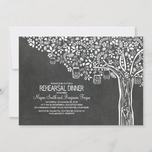 Tree Mason Jar Lights Chalkboard Rehearsal Dinner Invitation