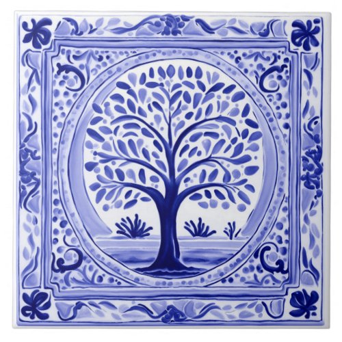 Tree Mediterranean Rustic Blue and White Folk Art Ceramic Tile