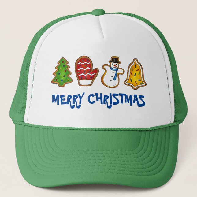 Tree Mitten Snowman Bell Merry Christmas Cookie Trucker Hat (Front)