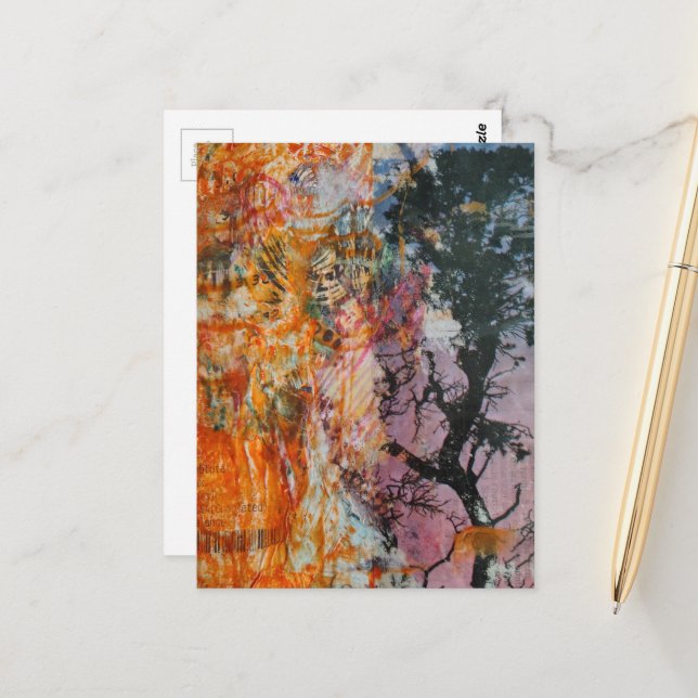 Tree Mixed Media Collage Pink Orange Blue Black Postcard (Front/Back In Situ)