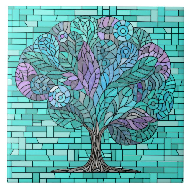 Tree Mosaic Art -Turquoise and Purple Ceramic Tile (Front)