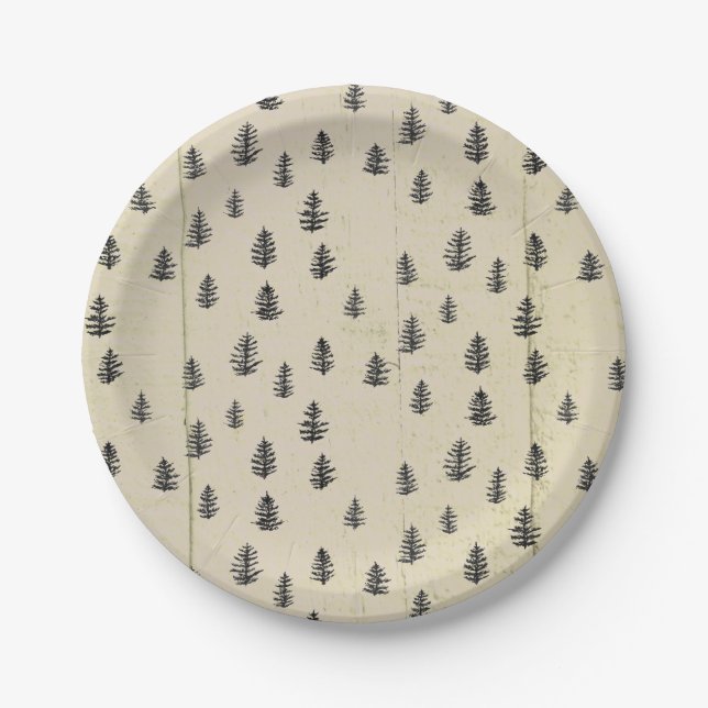 Tree Mountain Illustration Pattern Rustic Paper Plates (Front)