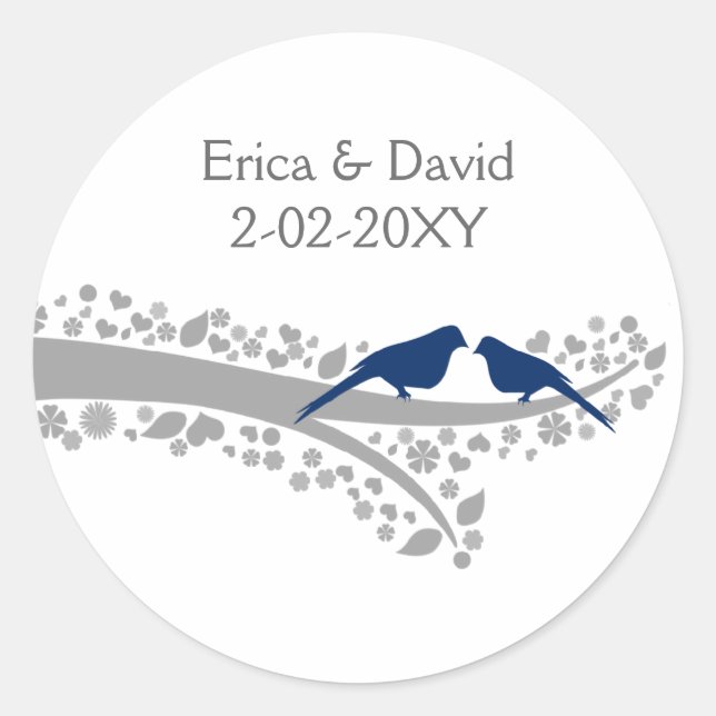 tree navy blue lovebirds wedding favor stickers (Front)