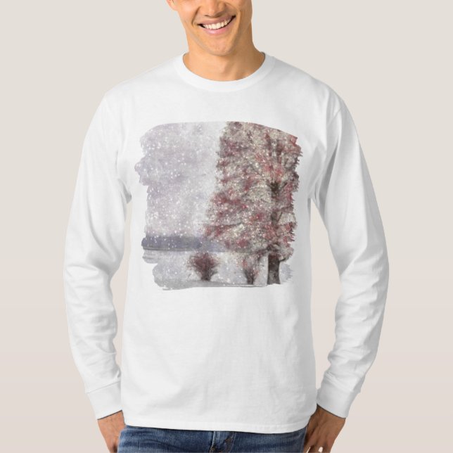 Tree Near Lake Few Red Leaves and Snow T-Shirt (Front)