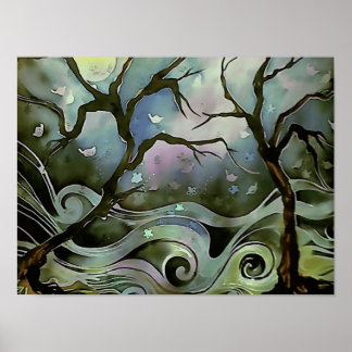 tree night scene full moon silk art painting poster