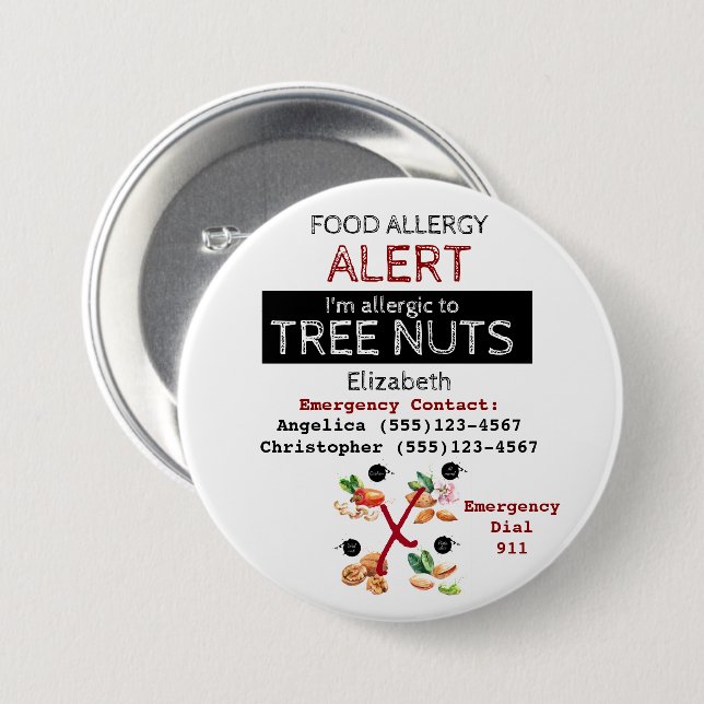 Tree Nut Food Allergy Alert Label Button (Front & Back)