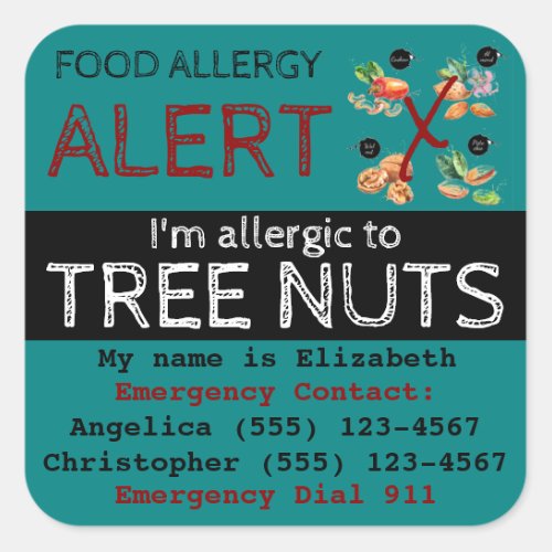 Tree Nut Food Allergy Alert Sticker Teal