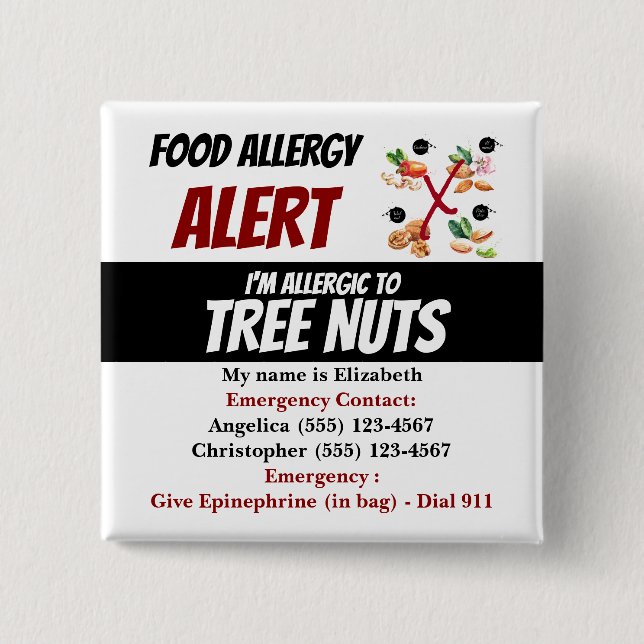Tree Nut Food Allergy Alert Warning Label Button (Front)