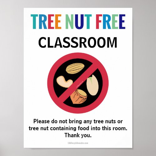Tree Nut Free Classroom Customized Allergy School Poster