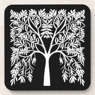 Tree of Life #1 White on Black Beverage Coaster