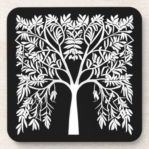 Tree of Life 1 White on Black  Beverage Coaster