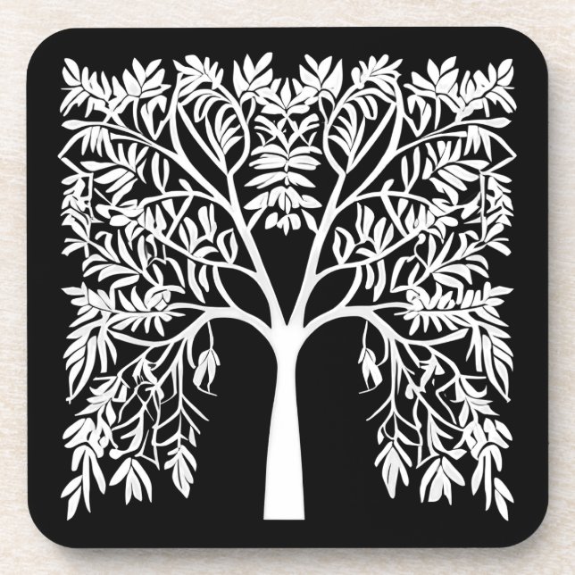 Tree of Life #1 White on Black  Beverage Coaster (Front)