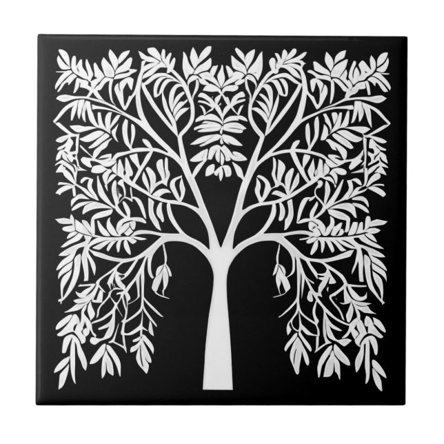 Tree of Life #1 White on Black Ceramic Tile (Front)