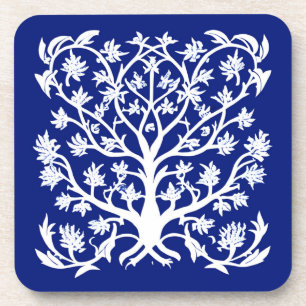Tree of Life #4 White and Cobalt Blue Beverage Coaster