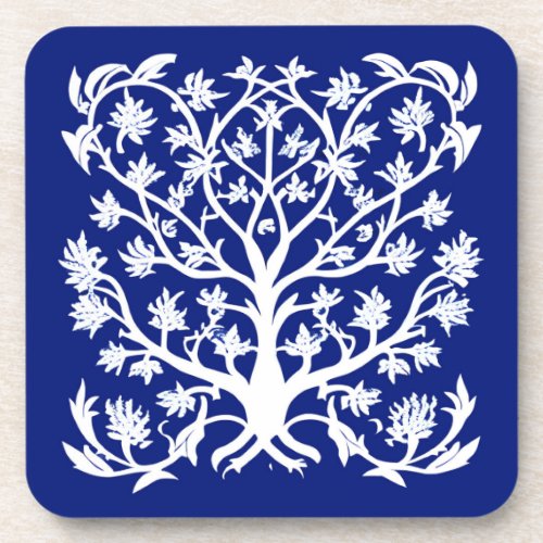 Tree of Life 4 White and Cobalt Blue Beverage Coaster