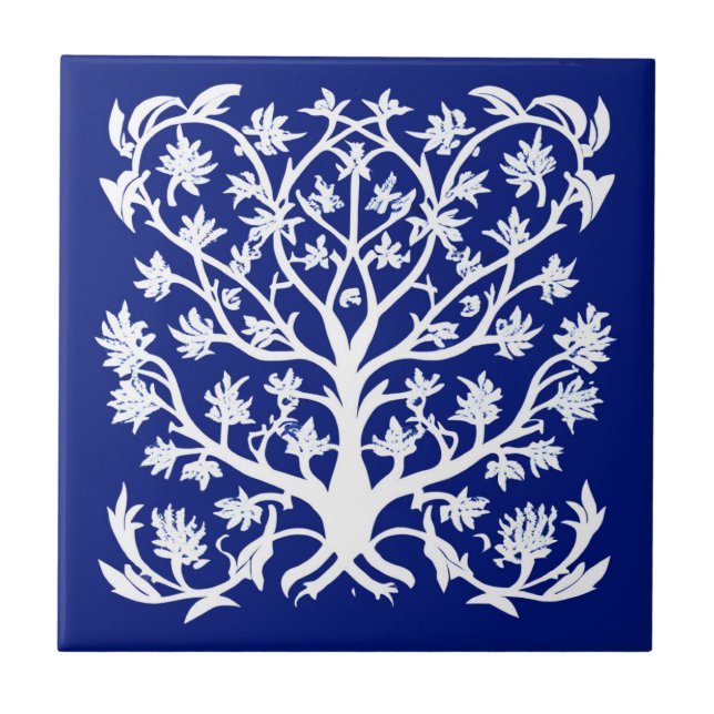 Tree of Life #4 White and Cobalt Blue Ceramic Tile (Front)
