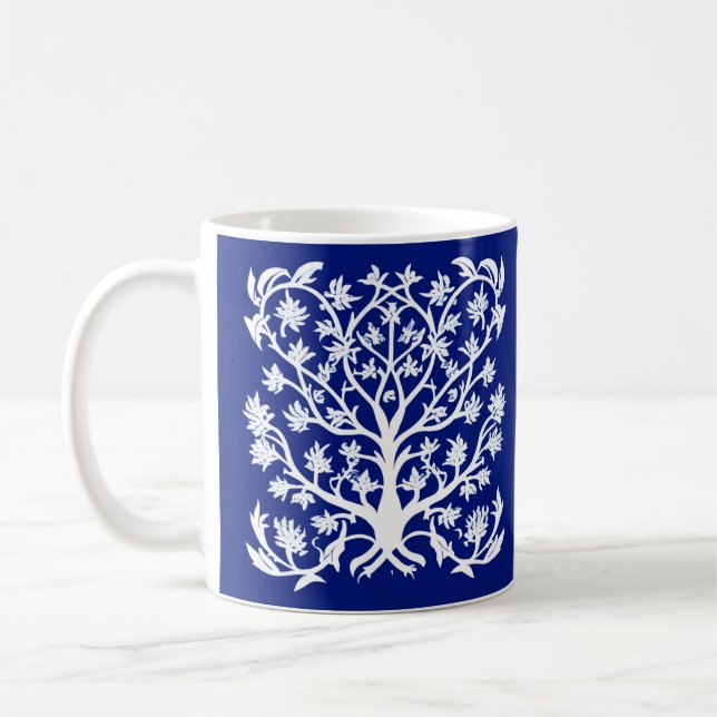 Tree of Life #4 White and Cobalt Blue Coffee Mug (Left)