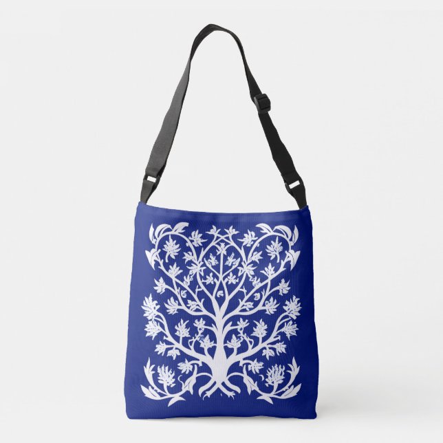 Tree of Life #4 White and Cobalt Blue Crossbody Bag (Back)