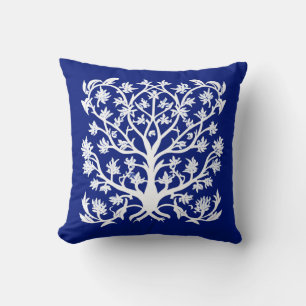 Tree of Life #4 White and Cobalt Blue Throw Pillow
