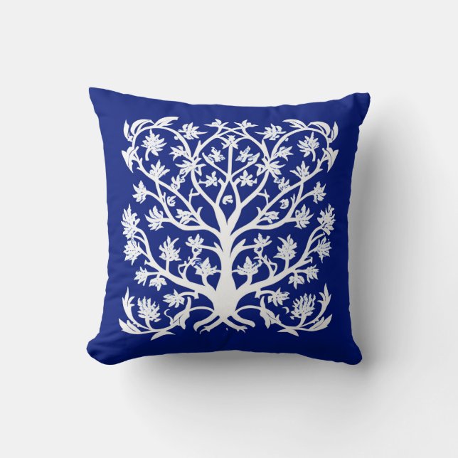 Tree of Life #4 White and Cobalt Blue Throw Pillow (Front)