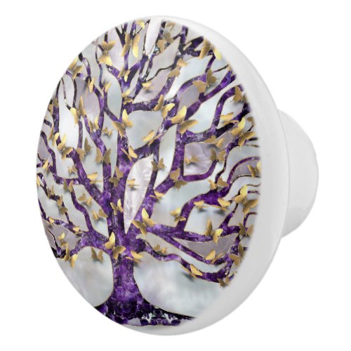 Tree of Life _ Amethyst and Butterflies Ceramic Knob